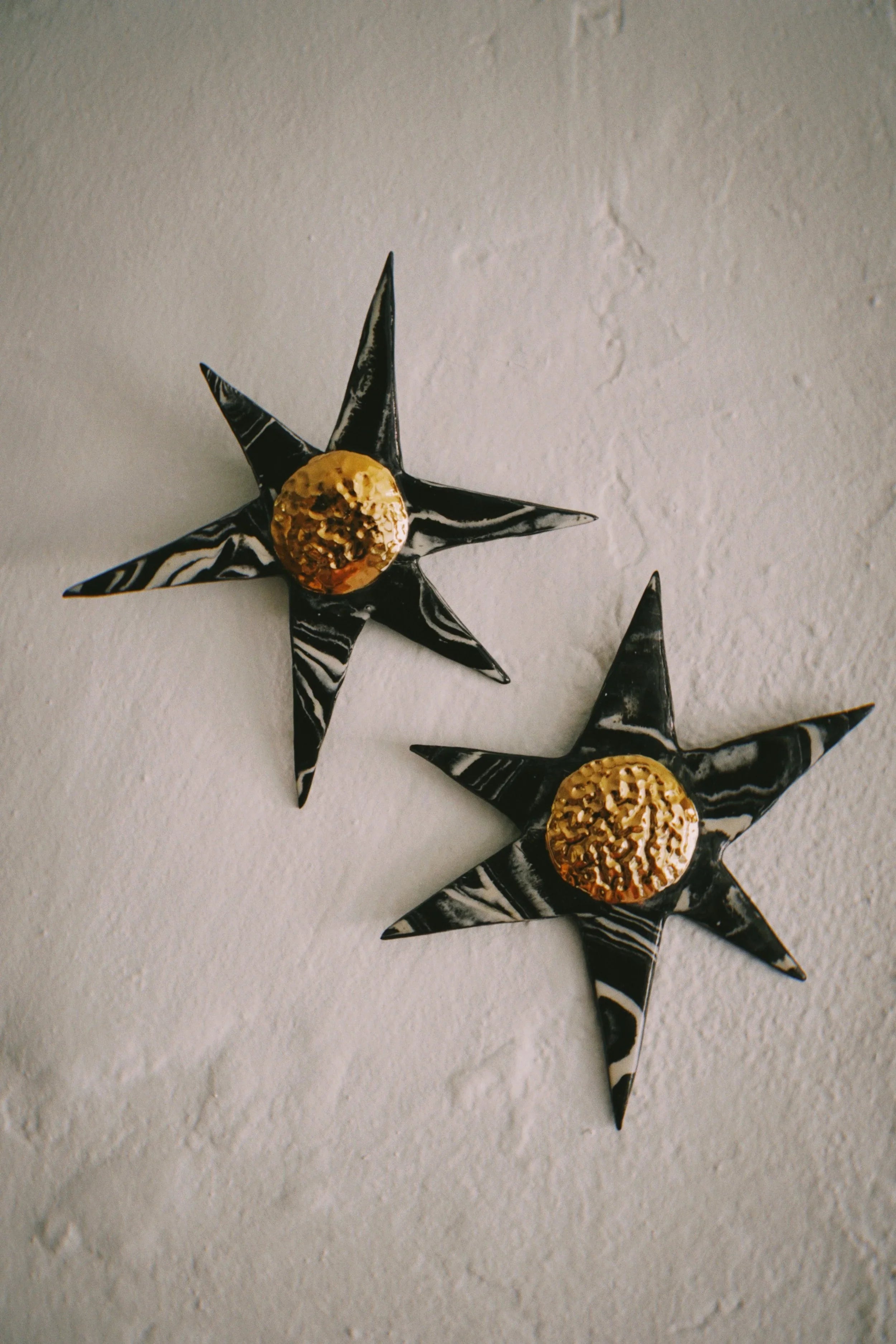 Two marbled star wallflowers with gold lustre centres on a white wall