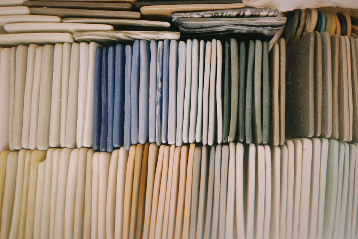 Slices of striped clay, in Tantri Mustika’s studio