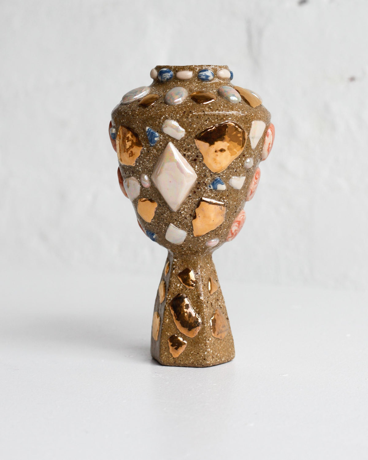 Vessel by Tantri Mustika inlaid with white diamonds, coral dots and gold lustre, The Curiosities 2019