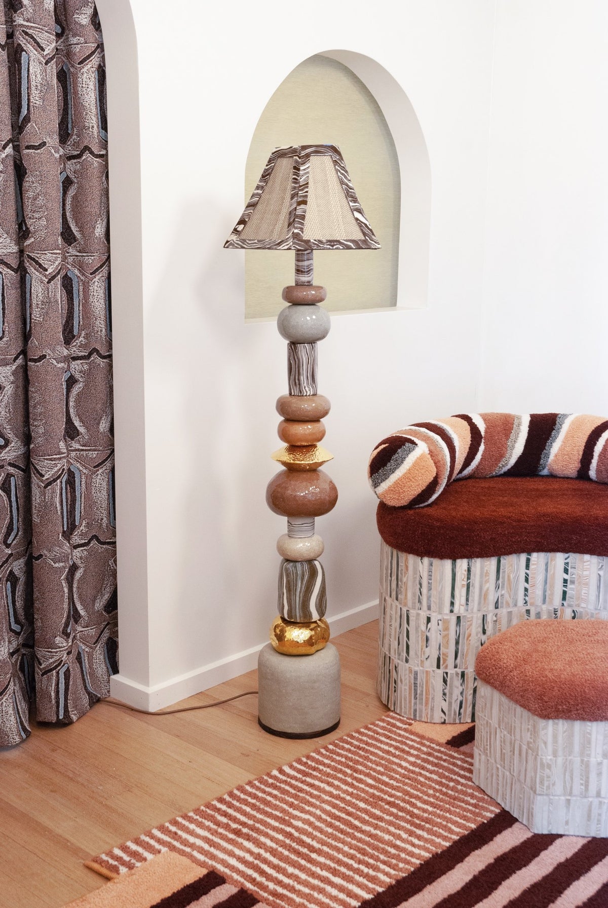 FOND by Tantri Mustika and Megan McNeill: a stacked ceramic floor lamp, a tufted kidney chair and footstool, Melbourne Design Week 2022