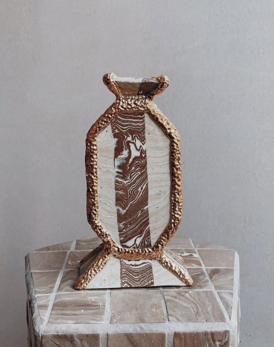 Striped octagonal nerikomi vase, FOND, 2022, by Tantri Mustika