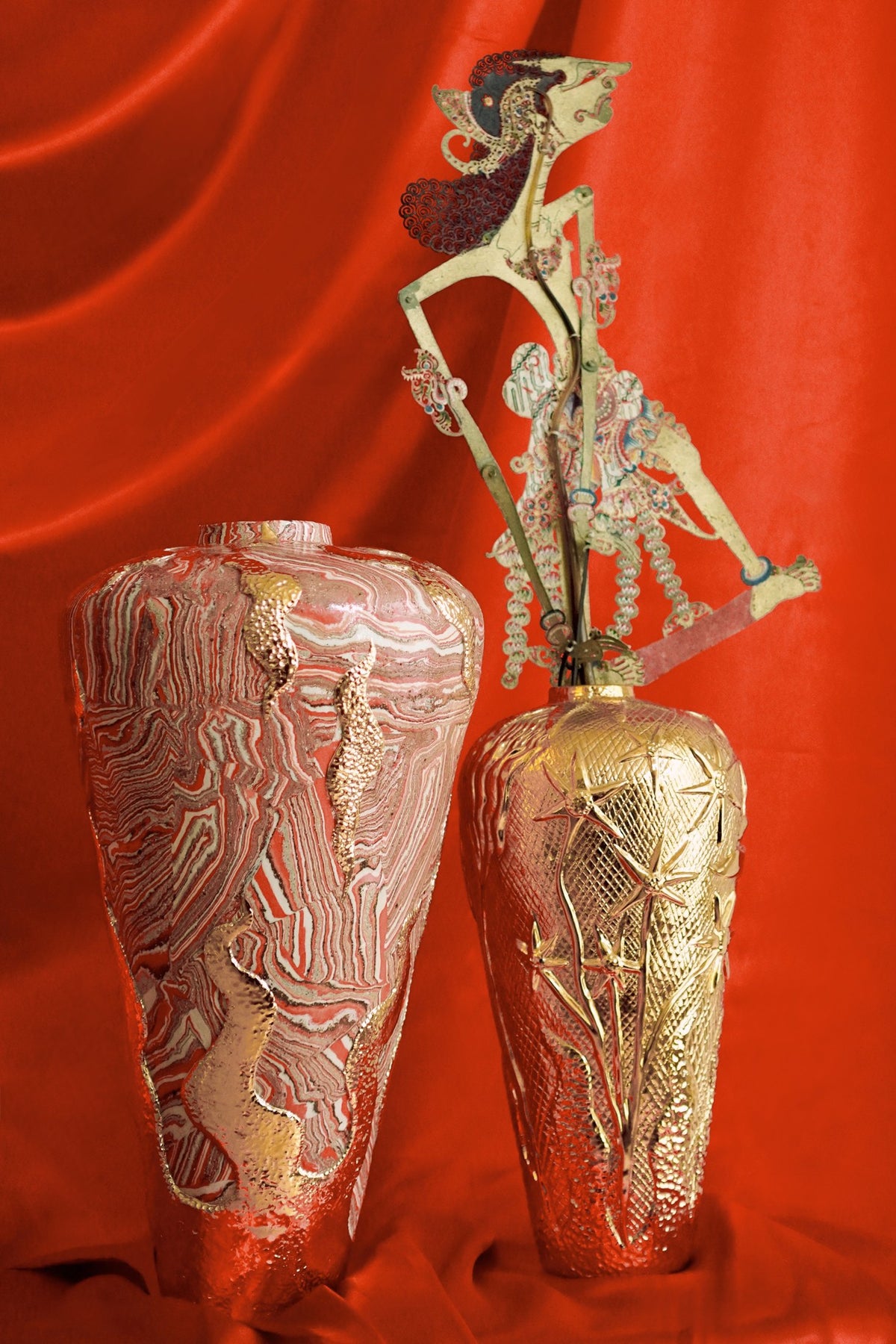 Panas Vessel and Golden Ukiran Bunga Vessel by Tantri Mustika