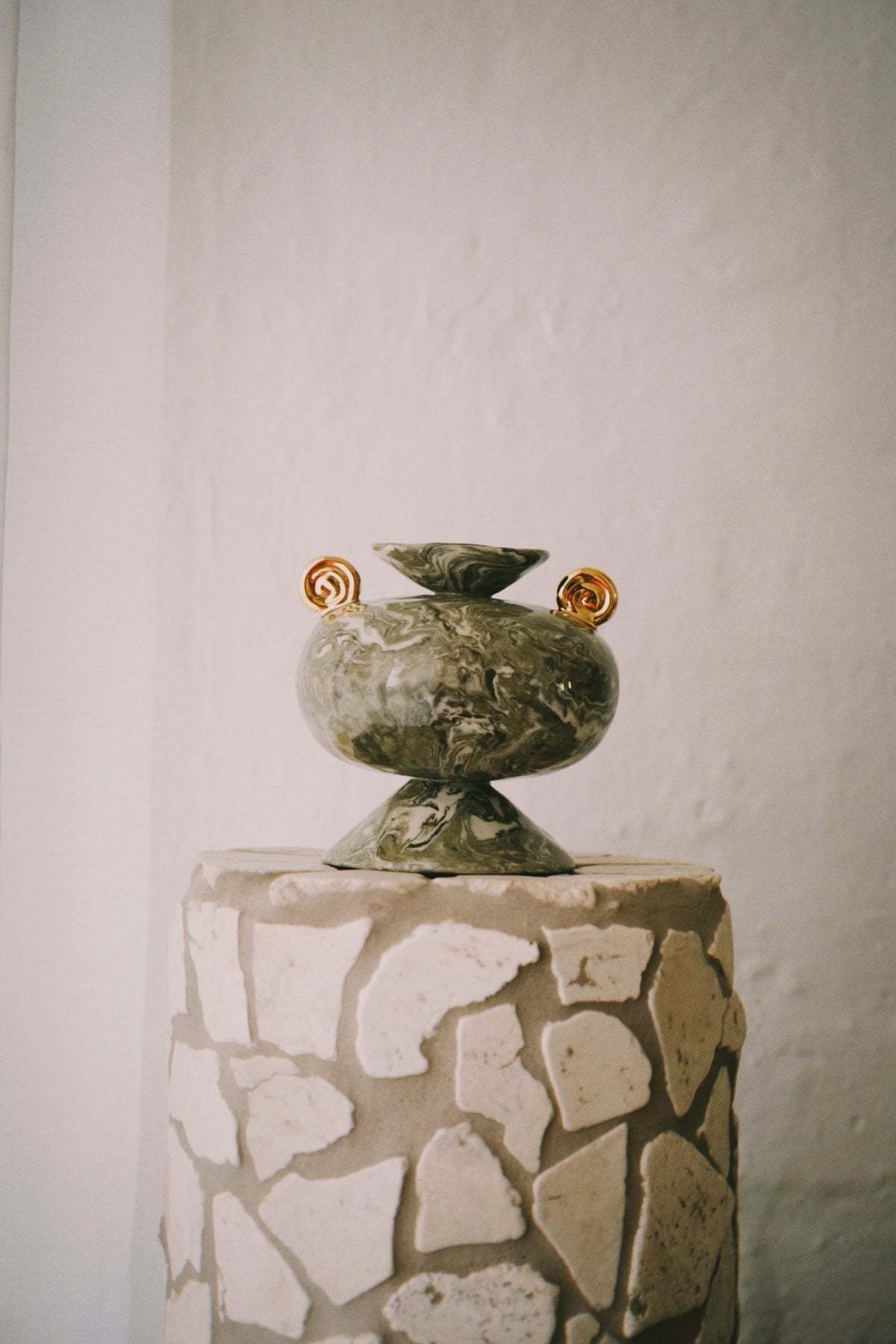 Relic vessel in green marbled clay, from Tantri Mustika’s terrazzo Relics series