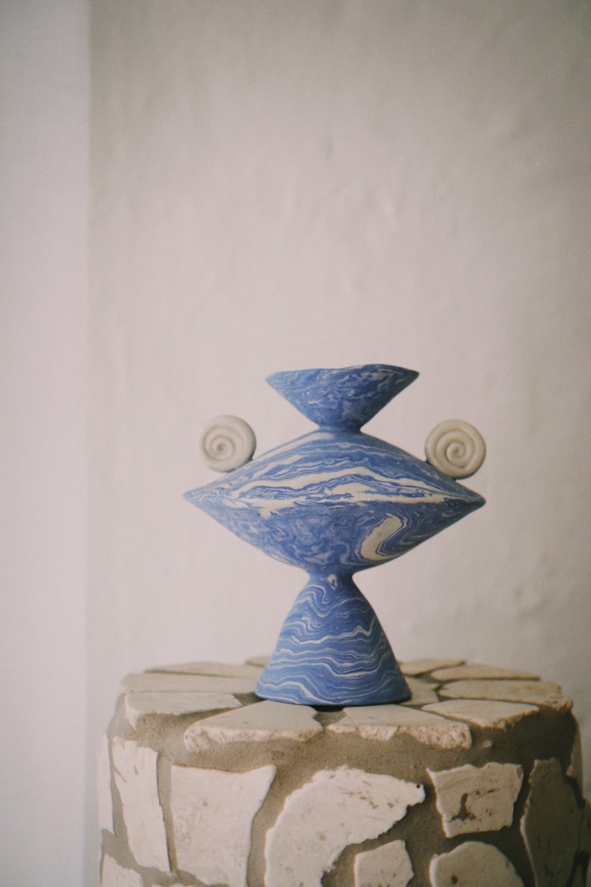 Relic vessel in blue marbled clay, from Tantri Mustika’s terrazzo Relics series