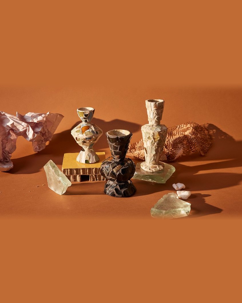 Terrazzo vessels by Tantri Mustika set with fragments from the Metro Tunnel dig sites, Unearthed 2022